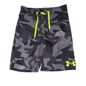 Under Armour Board Shorts 28 Gray Camo Neon Green HeatGear Swim Trunks 1249254